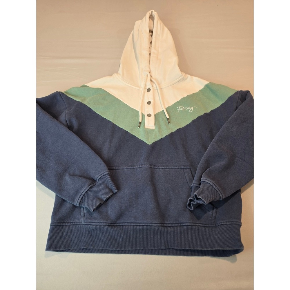 Roxy Womens Colorblock Henley Hoodie Navy Green White Chevron Fleece Pullover M